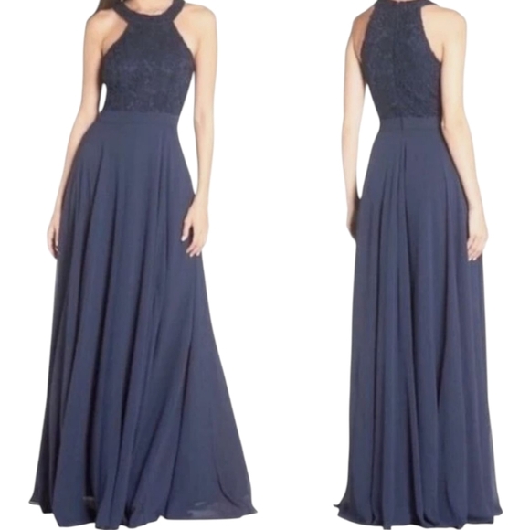 Lulu's Navy Blue Chiffon Lace Bodice Halter Gown NWT Sz L - Picture 13 of 14